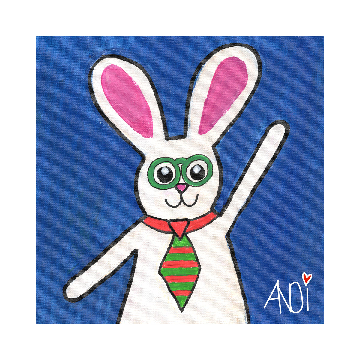 Charlie the bunny, a painting by Andi from the Willows Friends series, with white border