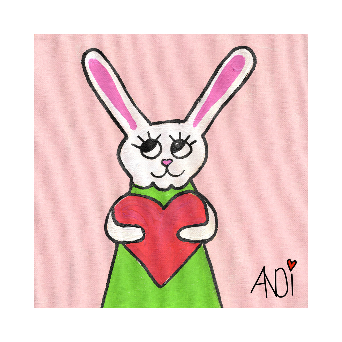 Sadie the bunny, a painting by Andi from the Willows Friends series, with white border