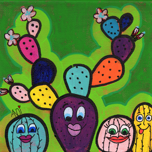 The Cactus Caboodle: five happy cactus friends with cheeky smiles on a green background, canvas print by Andi