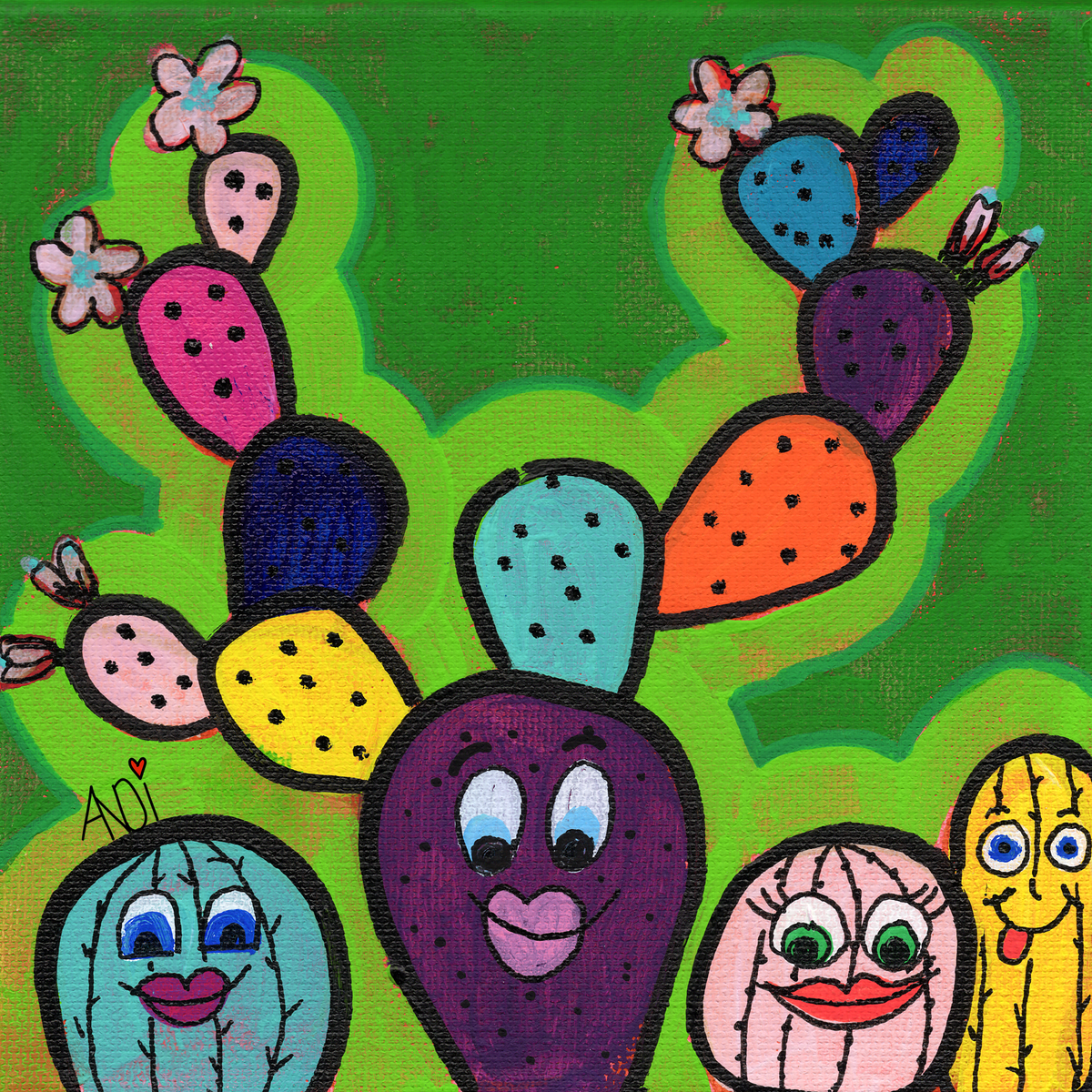 The Cactus Caboodle: five happy cactus friends on a green background, eco canvas by Andi