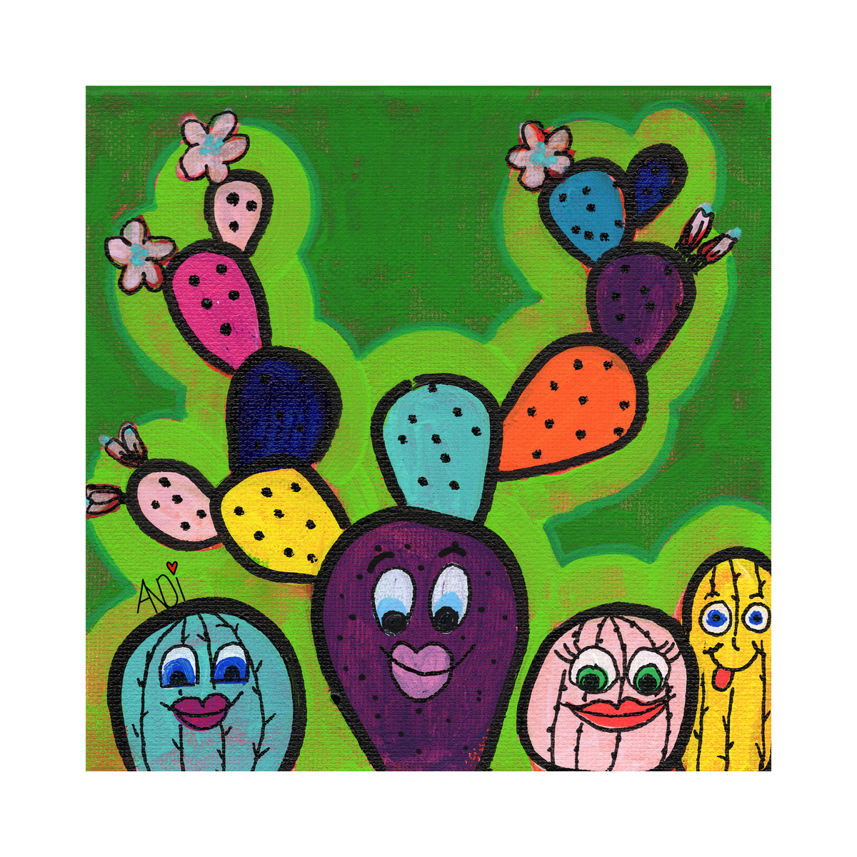 The Cactus Caboodle: five happy cactus friends on a green background, poster print with white border by Andi