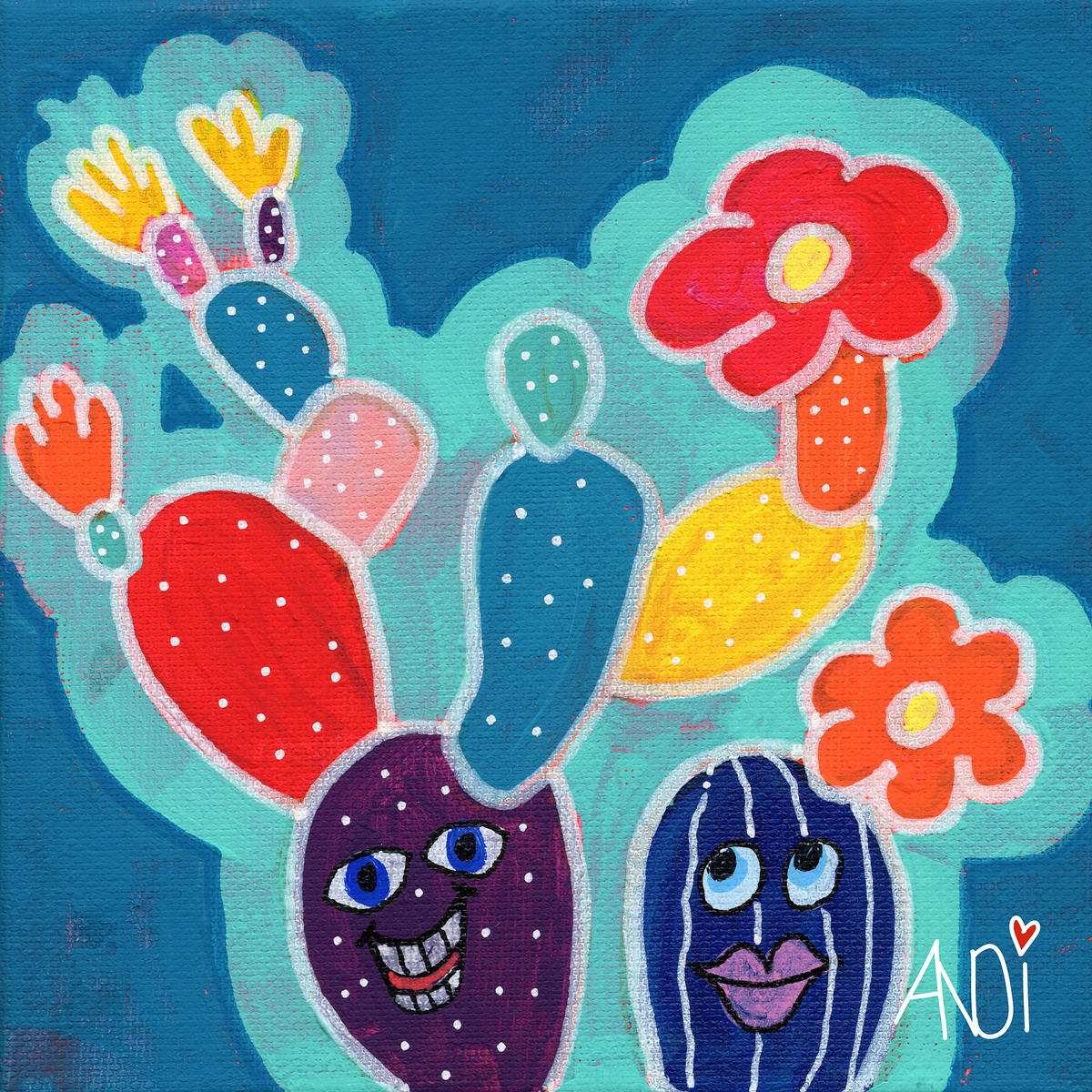 The Desert Oddballs: cheerful cactus with big grins and pink lips on a turquoise background, eco canvas by Andi