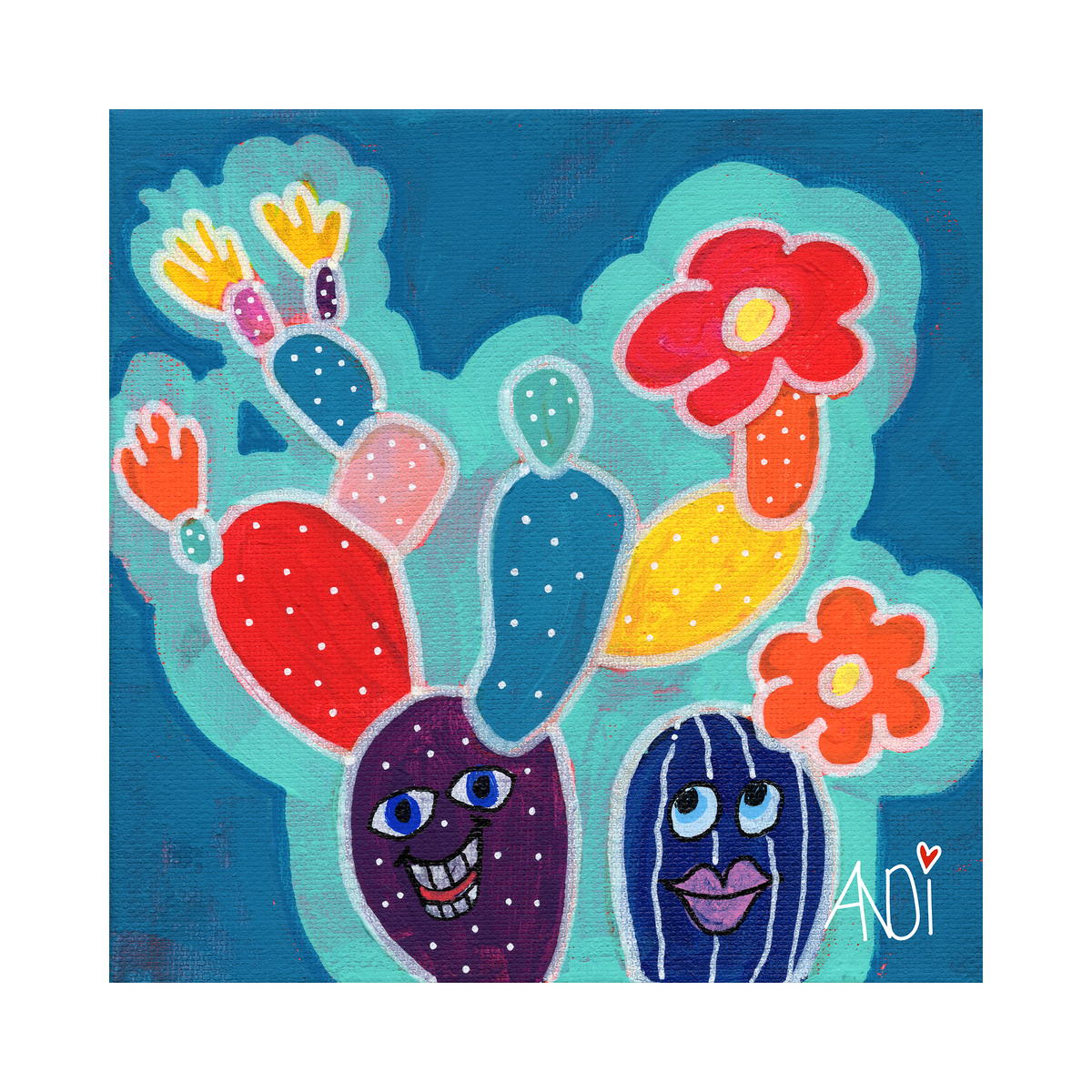 The Desert Oddballs: cheerful cactus with big grins and pink lips on turquoise, poster print with white border by Andi