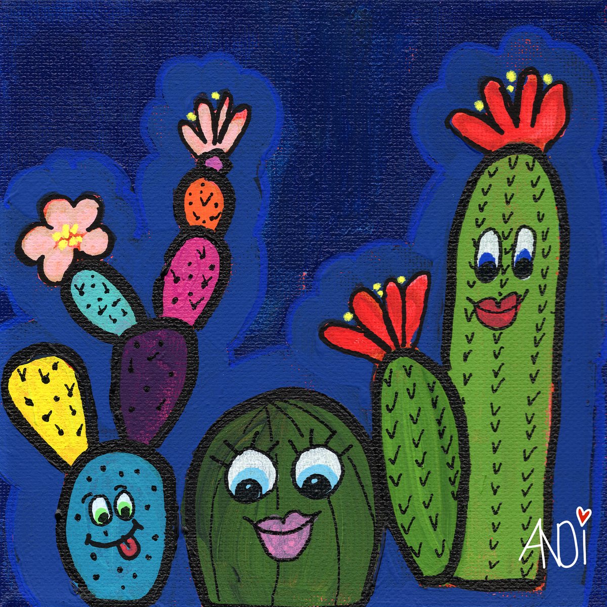 The Pokey Posse: cheerful cactus gang against a deep blue night sky, eco canvas by Andi
