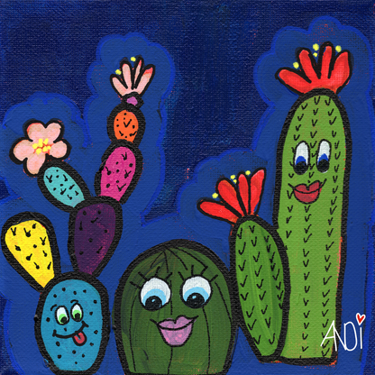 The Pokey Posse: cheerful cactus gang against a deep blue night sky, eco canvas by Andi