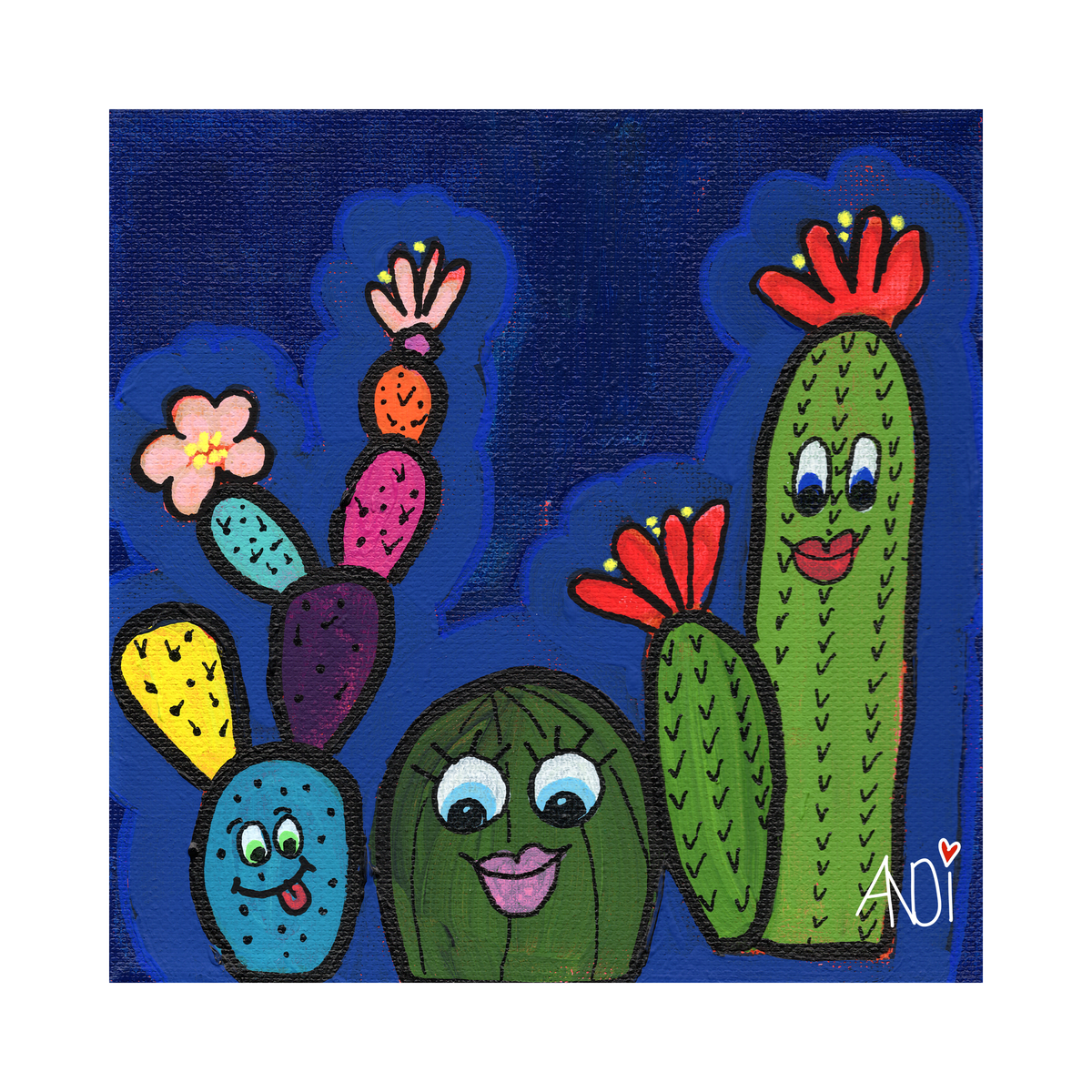 The Pokey Posse: cheerful cactus gang against a deep blue night sky, poster print with white border by Andi