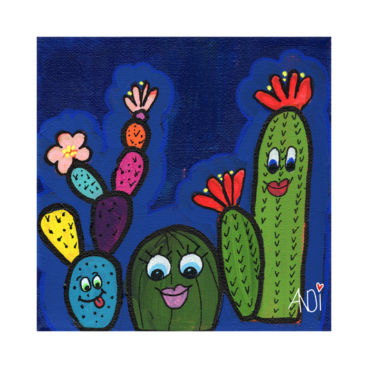 The Pokey Posse: cheerful cactus gang against a deep blue night sky, poster print with white border by Andi